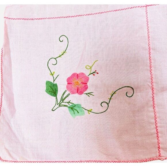 Vintage Handmade Pink Square Embroidered Floral Tablecloth 42 x 41 Appliqué Cute - Picture 3 of 16